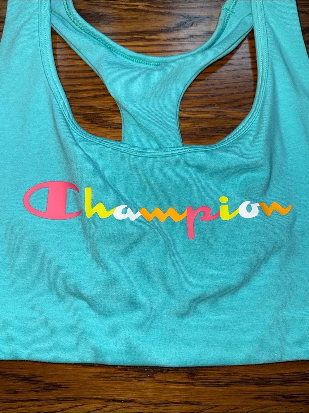 Champion Turquoise Racerback Sports Bra with Multicolor Logo Size: L - Picture 2 of 4